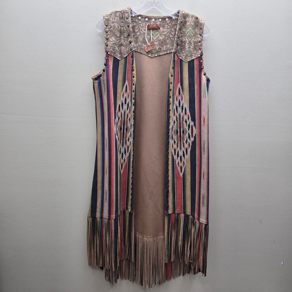 Scully Long Western Fringe Vest Medium Serape Aztec Print  Boho Chic Studded